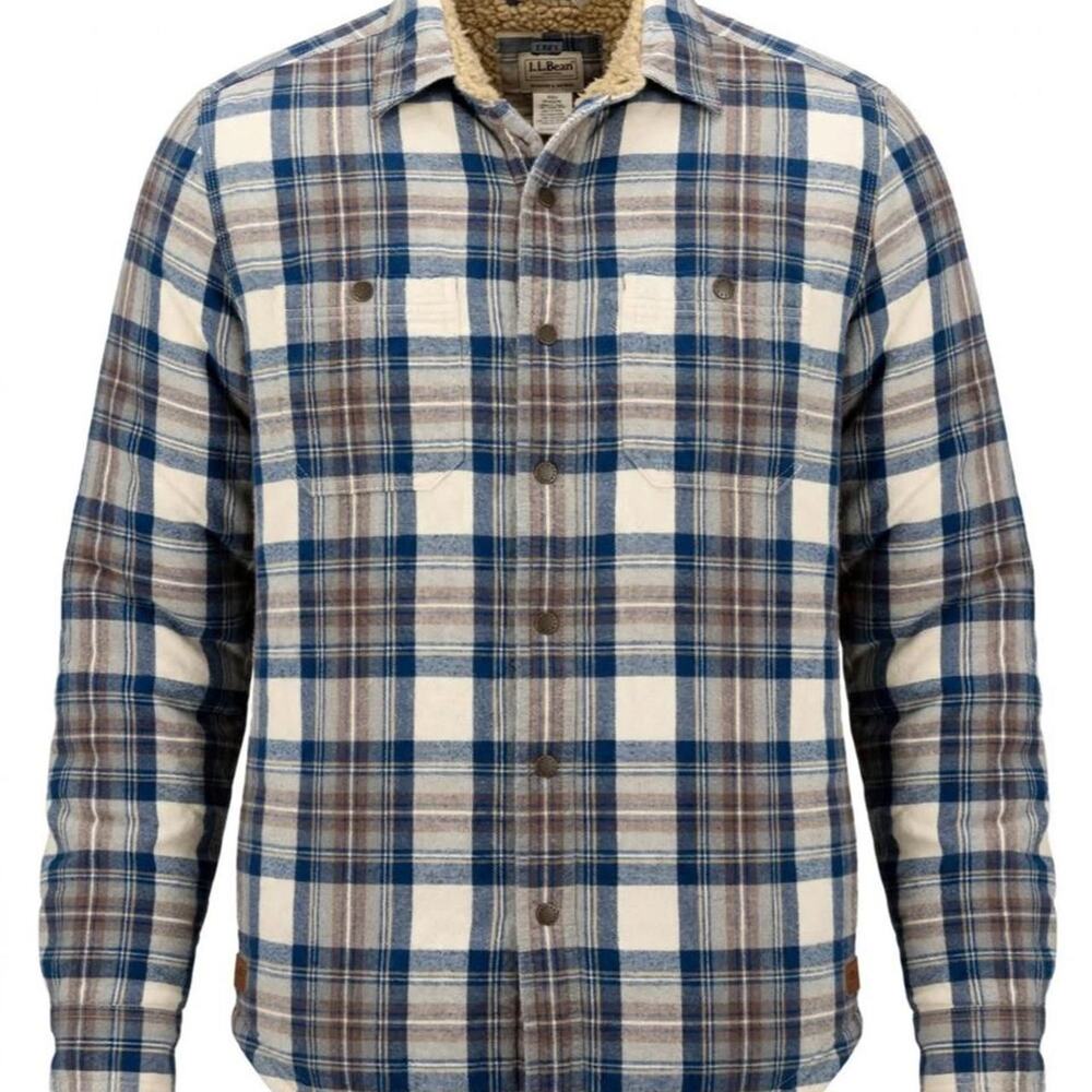 L.L.Bean Sherpa Lined Scotch Plaid Flannel Shirt Jacket Mens S Blue White Shacke